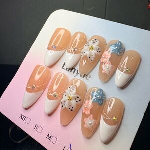 Neutral Nude Floral Press-On Nail Set with White French Tips
